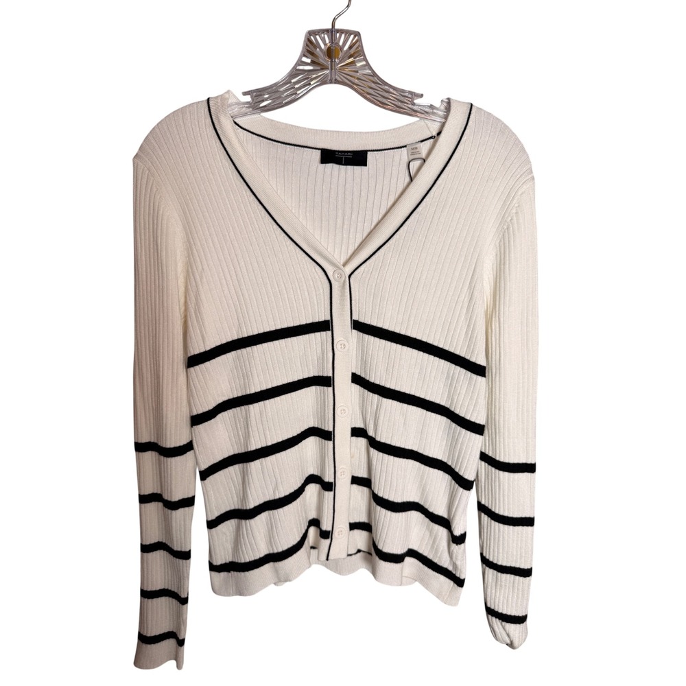 Tahari Cardigan Sweater Womens M White Rayon Ribbed Striped V-Neck NEW